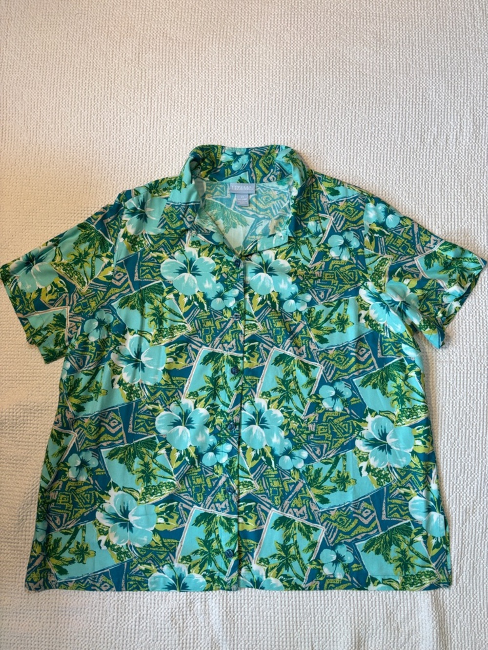 Liz & Me Tropical Hawaiian Floral Short-Sleeve Shirt, Teal/Green, Size 2X, Rayon